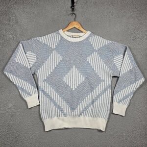Vintage London Fog Sweater Mens Size Medium Light Blue Argyle Loose Crewneck